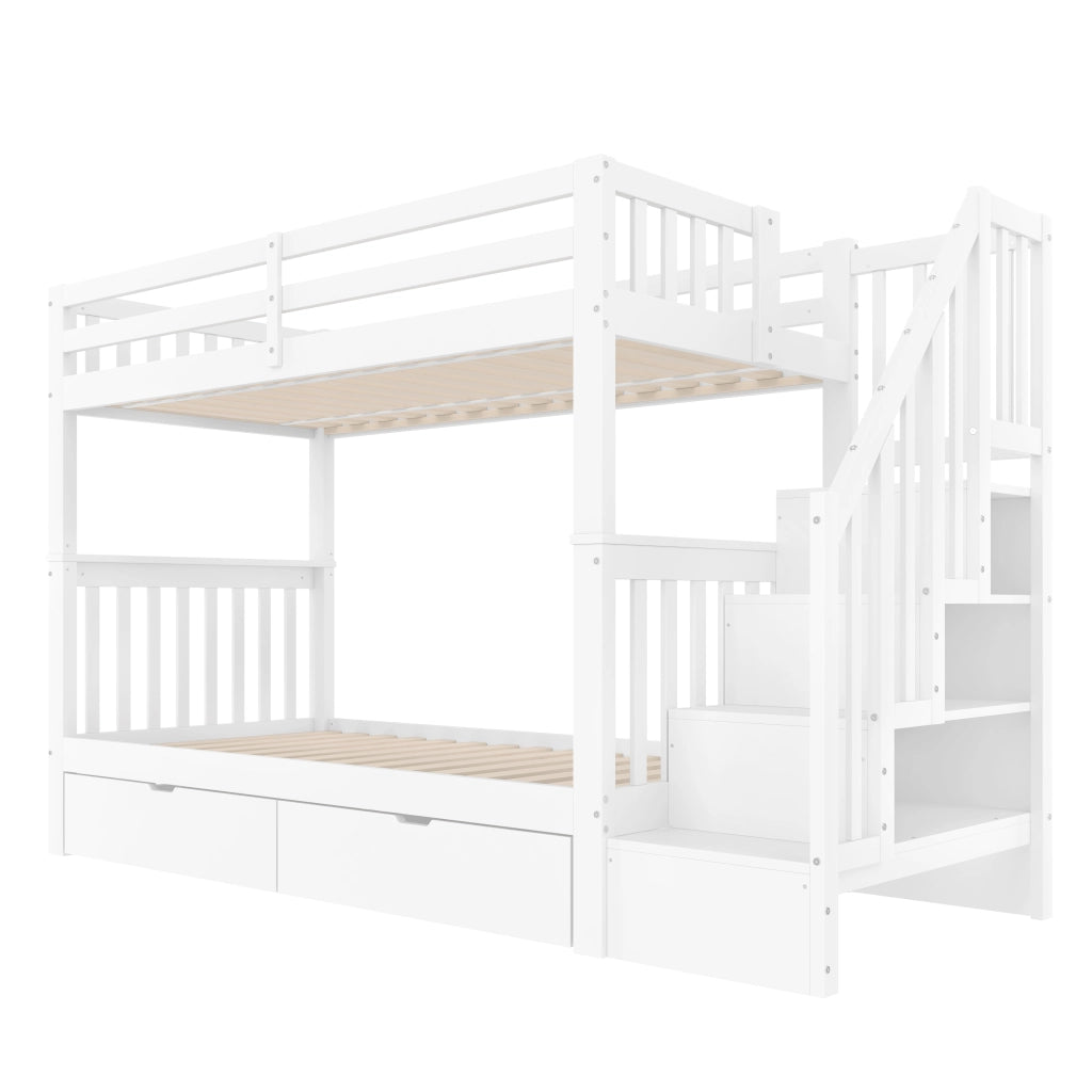 LETTO a castello con scala e 2 cassetti 90x200 cm in pino e MDF bianco