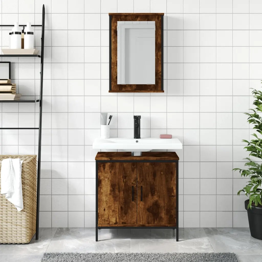 Set Mobili da Bagno | Armadio da bagno 2 pz Rovere Fumo in Legno Multistrato