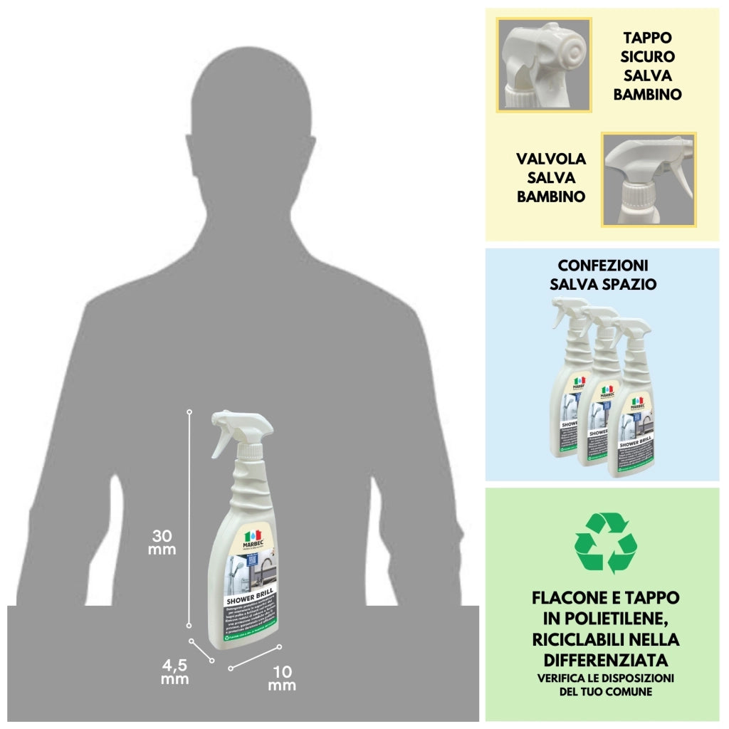 Detergente anticalcare bagno, protezione antigoccia, pulizia quotidiana Marbec SHOWER BRILL - 750ML