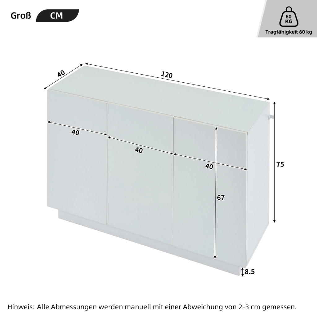 Credenza con 3 ante; ripiani regolabili e LED - per soggiorno - 120×40×75 cm