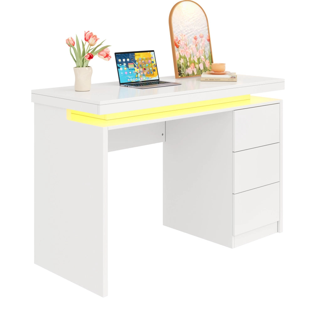 Scrivania LED 120x50x78.5 cm con tre cassetti e illuminazione multicolore in MDF bianco