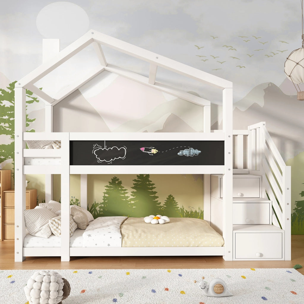 DESMIU Letto a castello per bambini 90 × 200 cm con lavagna, cassetti contenitore e senza materasso, bianco