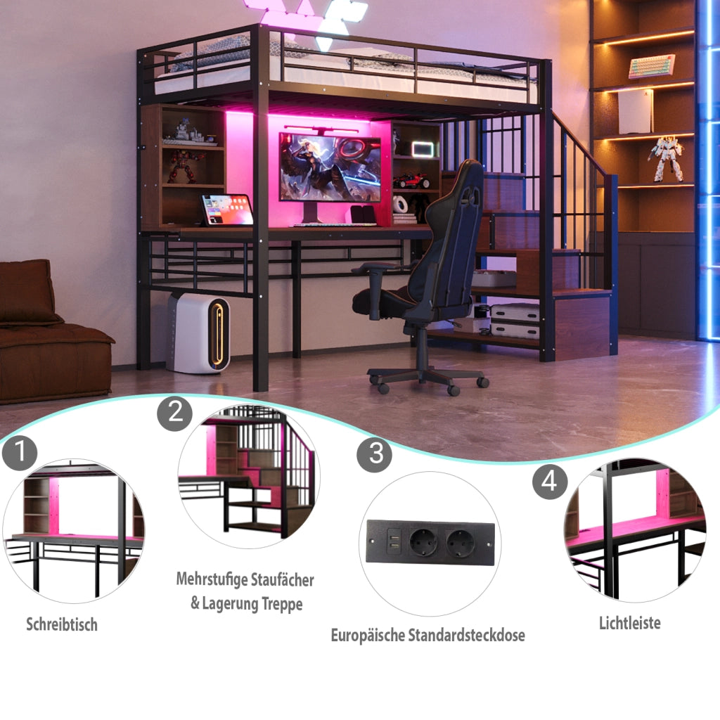 DESMIU Letto a soppalco 90 × 200 cm 1 piazza con scrivania, ripiani, presa EU e LED, senza materasso, nero