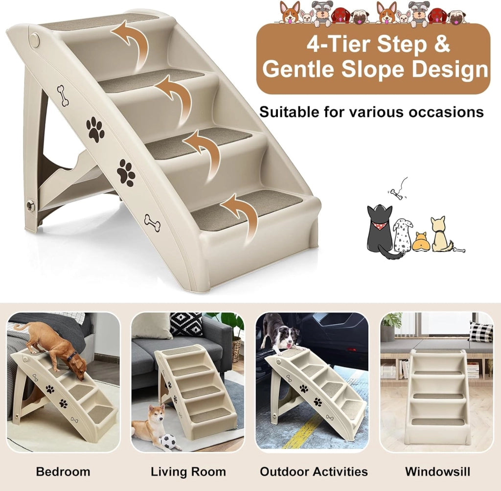 Scala per cani e gatti pieghevole, con tappetino in feltro, carico fino a 60 kg, rampa antiscivolo per cani e gatti per letto, auto, divano (beige, 65 x 55 x 50 cm, 4)
