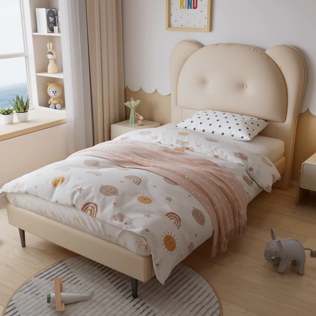Letto per Bambini 90x200 cm; Letto Singolo - Testiera a Forma di Animale - PU - Beige