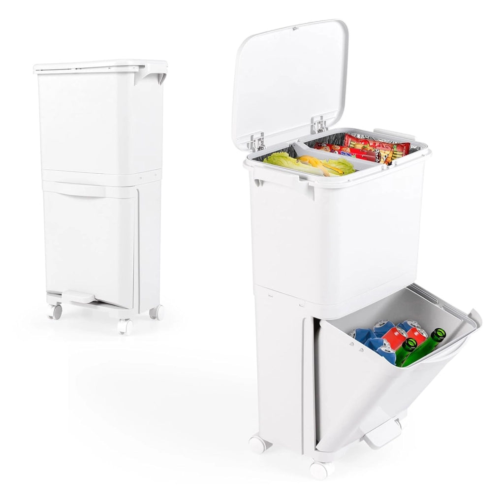 40L Pattumiera Differenziata a 3 Scomparti, Bidone per Spazzatura con Cestino Rimovibile, 4 Ruote, Secchio Rifiuti in Plastica a Pedale per Cucina Sala da Pranzo Soggiorno