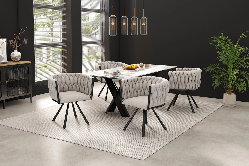Sedia da pranzo set da 4 girevole a 360° con schienale ergonomico e gambe in metallo imbottita in lino nero