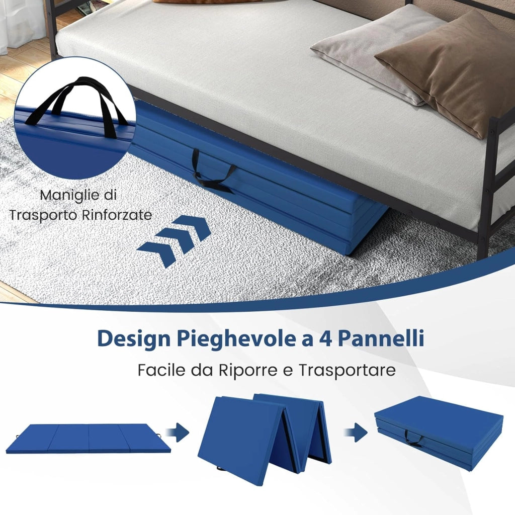 Tappetino per Ginnastica Pieghevole a 4 Pannelli con Maniglie, 300 x 117 x 5 CM, Tappetino in Ecopelle con Chiusure a Strappo per Ginnastica, Yoga, Stretching & Capriole