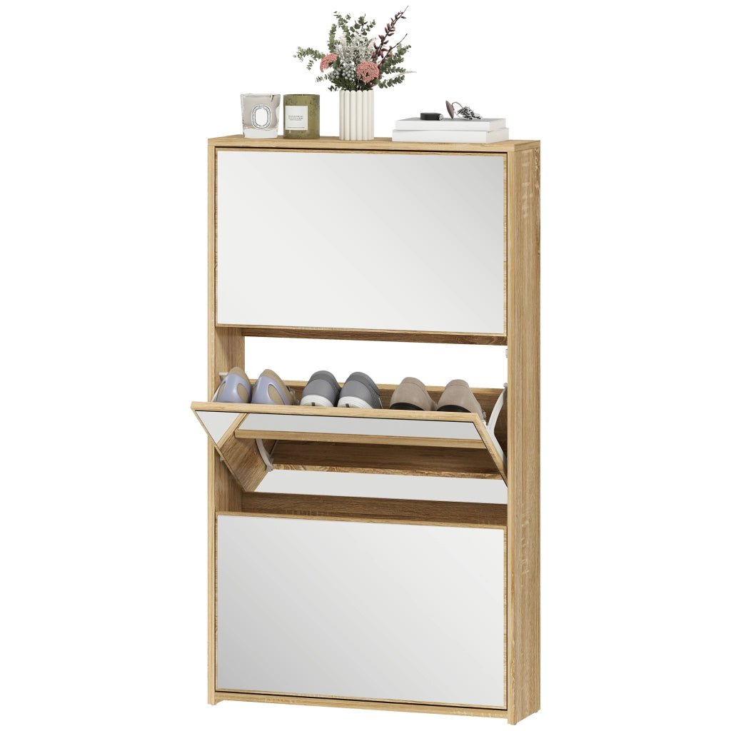Scarpiera con specchio e 3 ante per ingresso ¨C zephmum ¨C legno naturale 65x17x114.5 cm