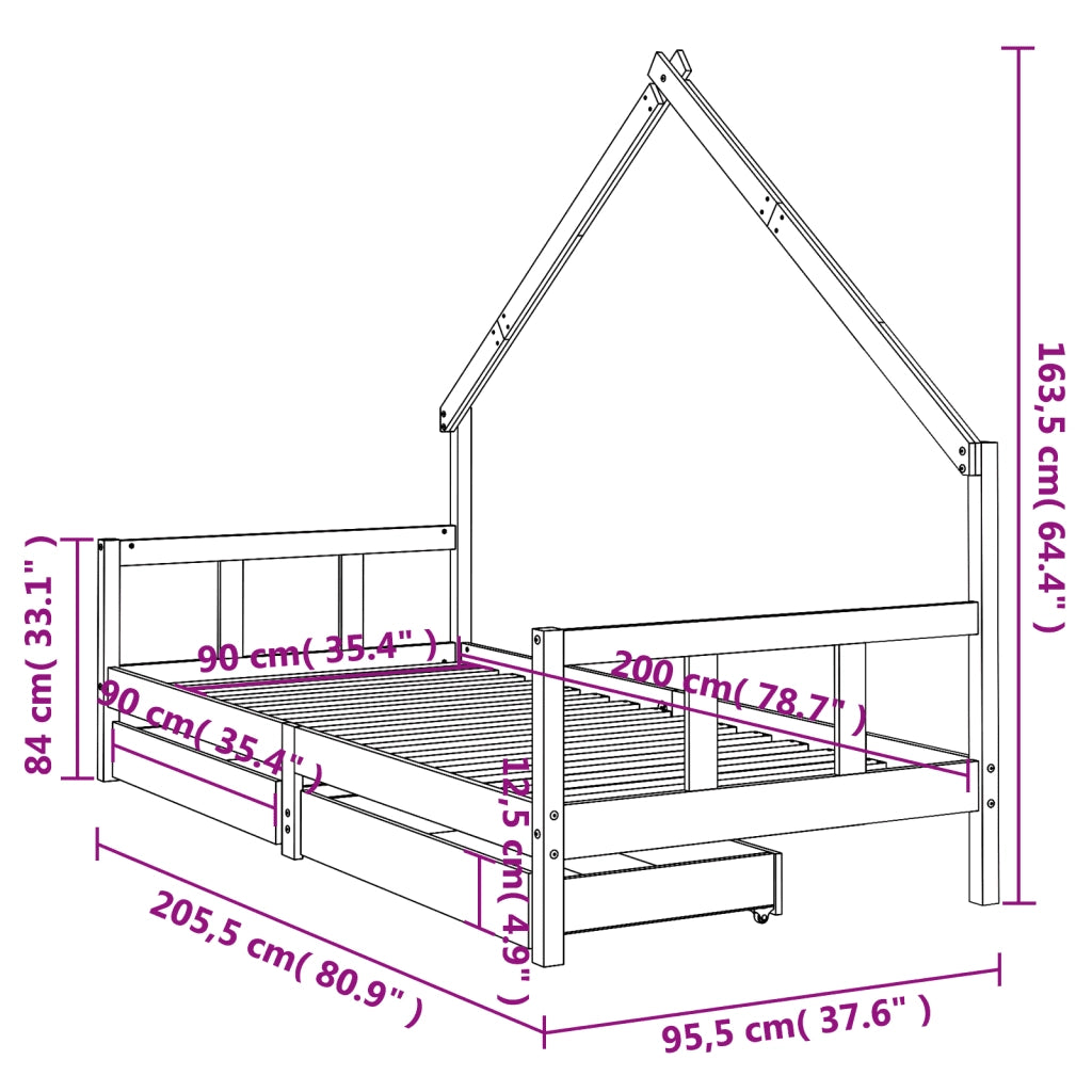 Giroletto Bambini | Letto Infantile | Lettino con Cassetti 90x200 cm Legno Massello di Pino