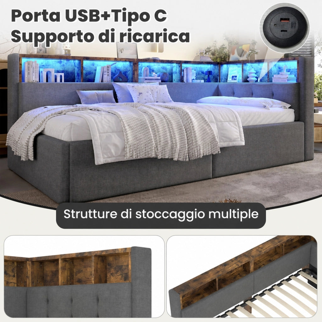 Letto divano 140x200 con letto estraibile e LED dimmerabile; pino e MDF; bianco