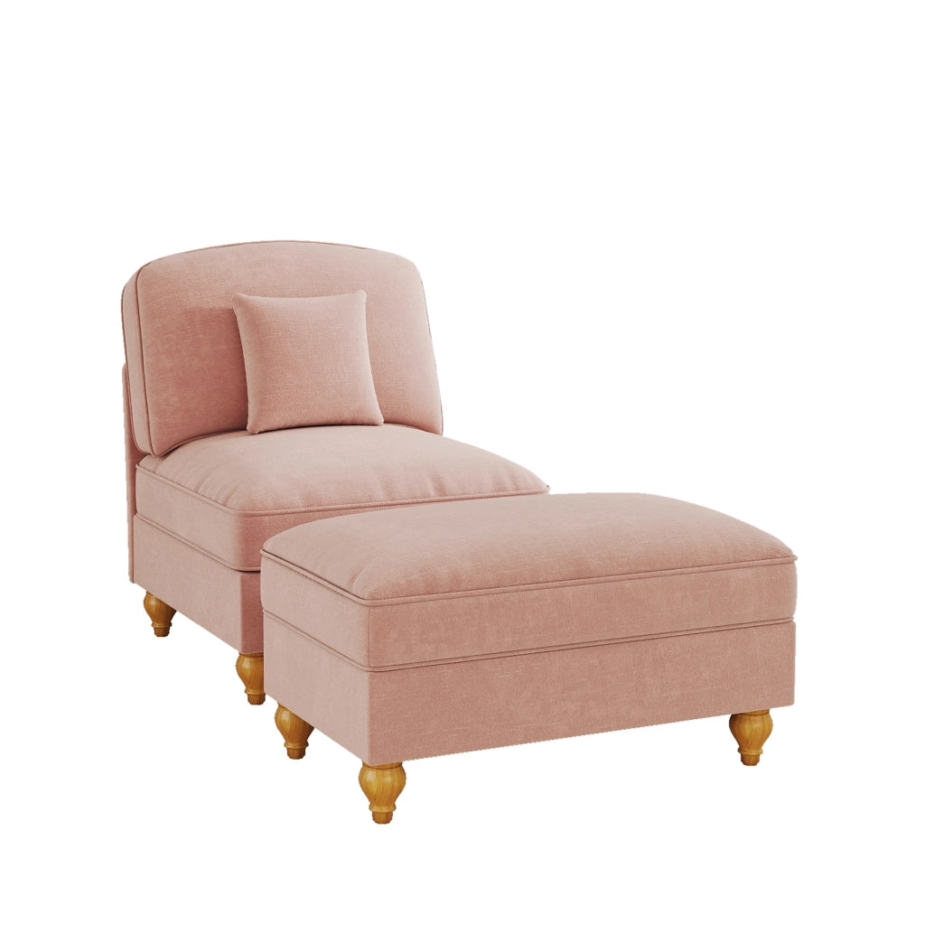 Poltrona lounge con pouf e gonna rimovibile; seduta morbida e gambe a fuso in chenille rosa