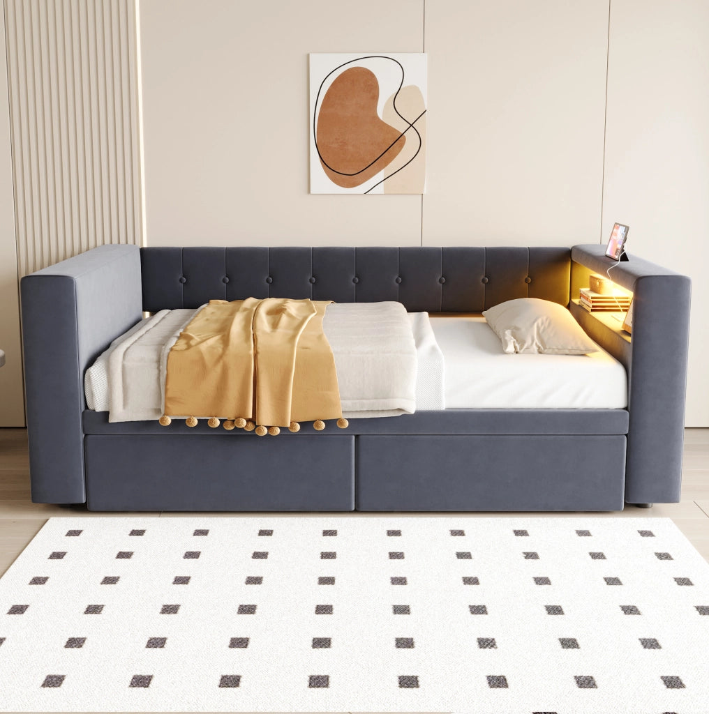 Letto multifunzione 90x190 cm con LED, presa e cassetti