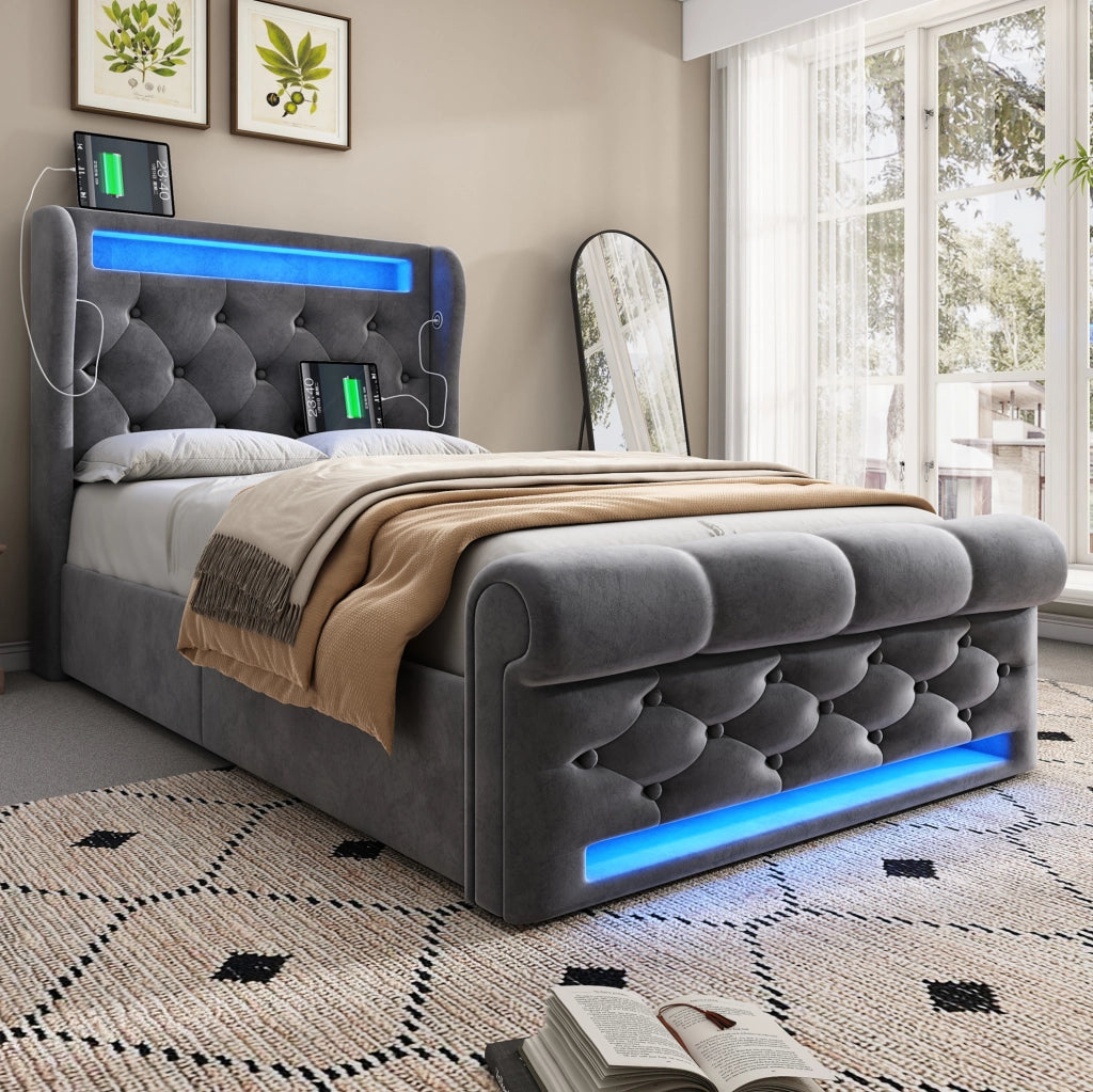 Letto imbottito ULEVR 90x200 cm con contenitore idraulico, LED, USB e Type-C, velluto grigio con materasso