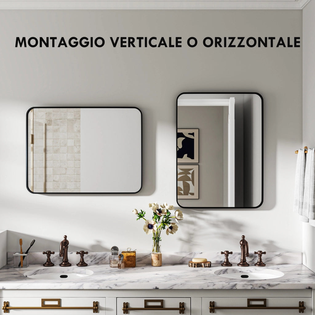 Specchio Bagno con Cornice in Metallo e Gancio, 60x2.5x80 cm, Nero