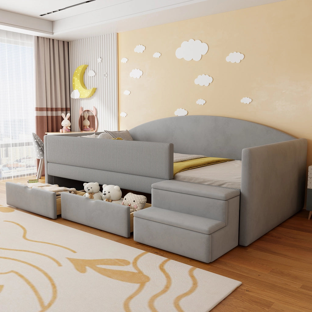 Letto per bambini 90 × 190 cm con 2 cassetti, sponde di sicurezza et gradini, senza materasso, velluto grigio chiaro