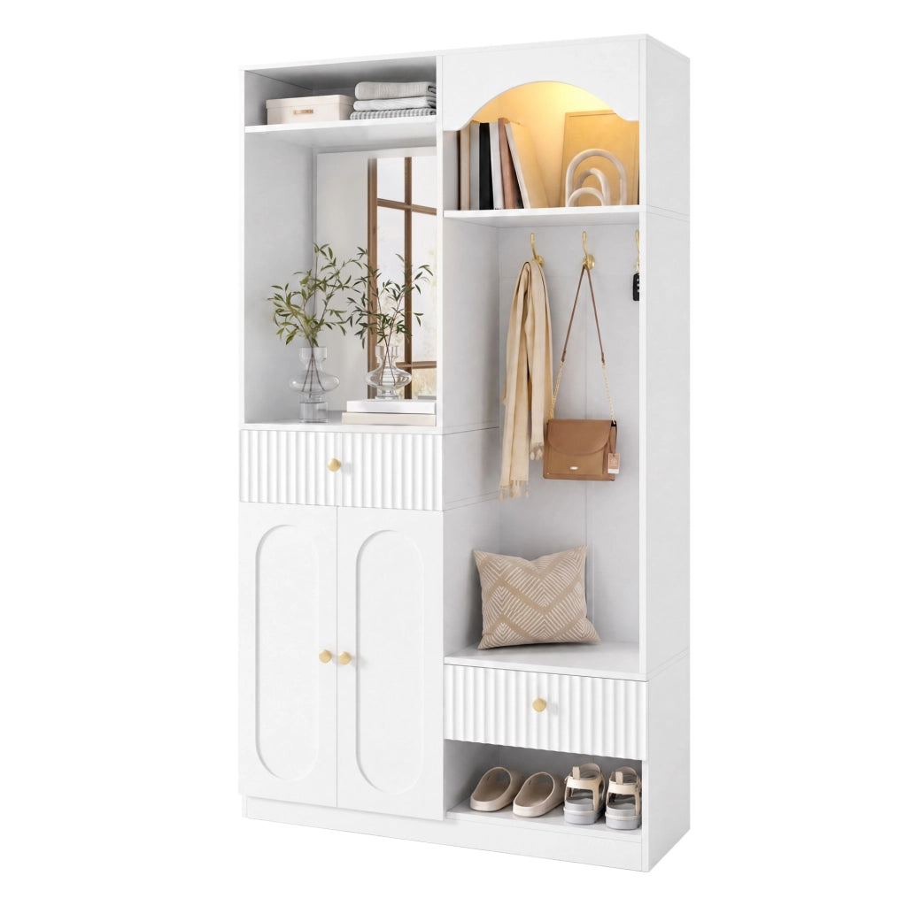 Guardaroba da ingresso 100x35x180 cm con specchio; appendiabiti; panca e LED in MDF bianco