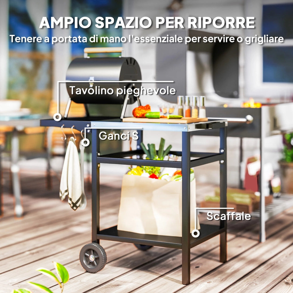 Carrello per Barbecue 91x58x76 cm con Piano in Acciaio Nero