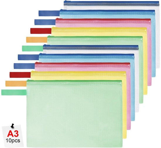Documenti A3, set di 10 sacchetti acqua-tetti con cerniera, sacchetto di plastica trasparente con cerniera, cartellino per documenti per scuola, casa, ufficio, viaggi, cosmetici, 5 colori