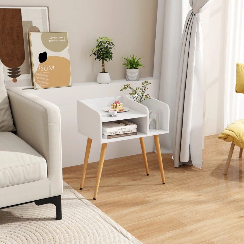 Comodino in stile moderno semplice ma pratico, Tavolino a 2 piani con mensole aperte Bianco + Naturale-Comodini