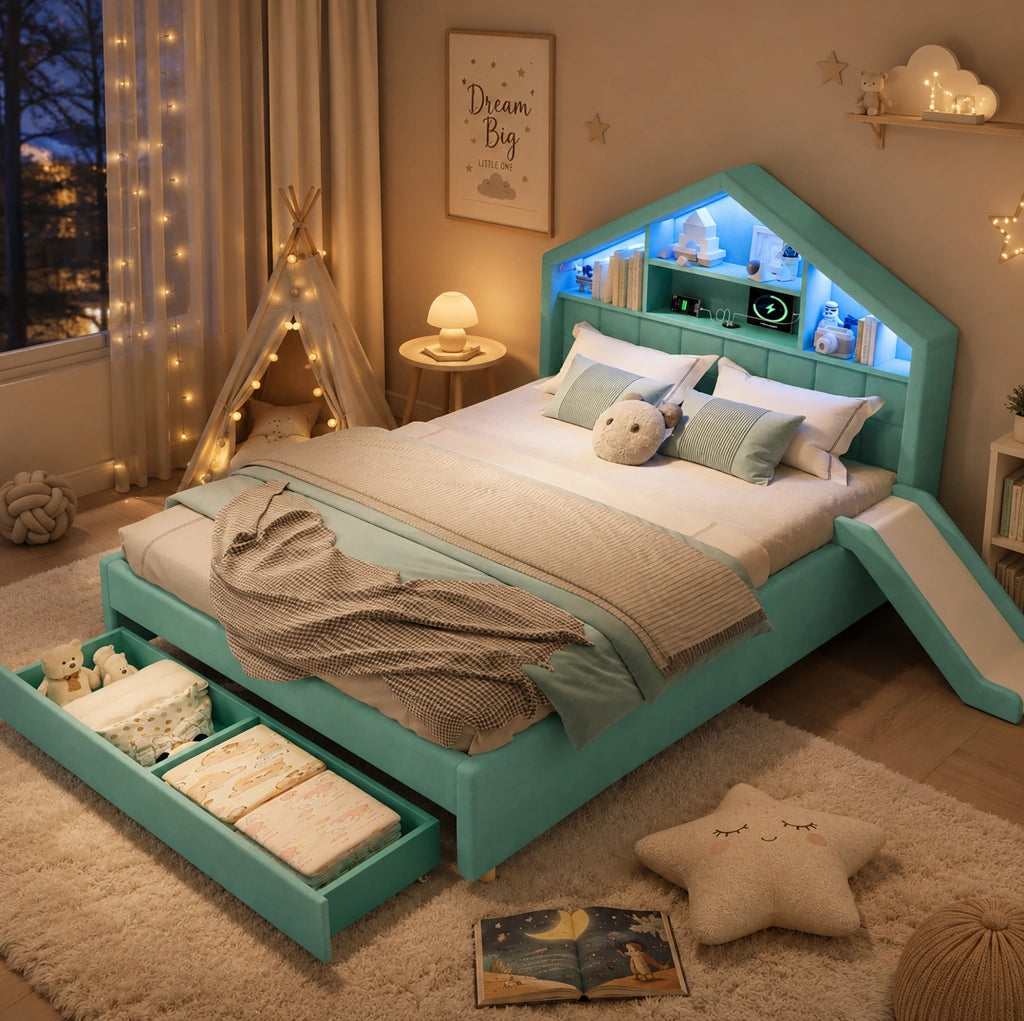 Letto per bambini imbottito 140x200 cm blu verde con scivolo montabile su entrambi i lati; LED e vano contenitore
