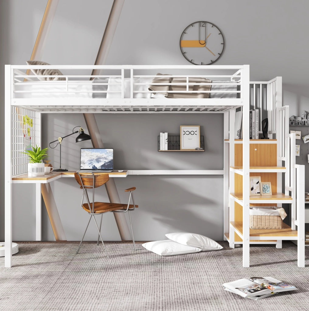 Letto a soppalco 90x200 cm con armadio; scala laterale; MDF e metallo bianco naturale