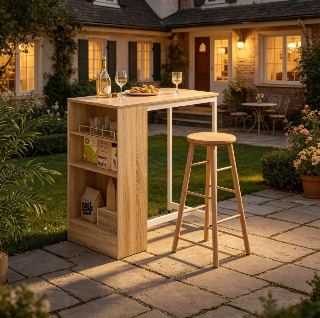 Tavolo bar con ripiani a 3 livelli, bianco e rovere chiaro, 91 x 49 x 91 cm