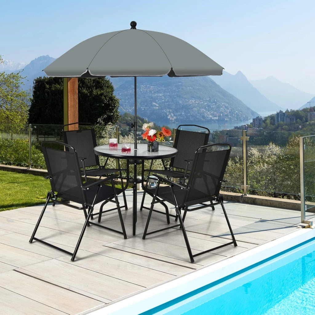 Set di Mobili da Giardino da 6 Pezzi, Tavolino da Caffè con Ombrellone, Piano in Vetro Temperato e 4 Sedie Pieghevoli, Set da Pranzo da Patio Terrazza Bordo Piscina