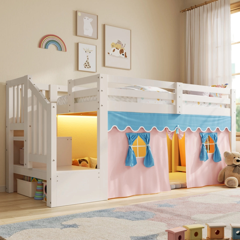 Letto a soppalco singolo 90×200 cm con tende oscuranti; LED regolabile; ripiani; senza materasso; bianco