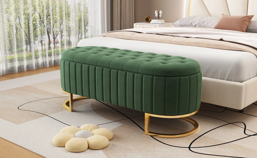 Panca contenitore imbottita in velluto verde 120 x 39;9 x 43 cm