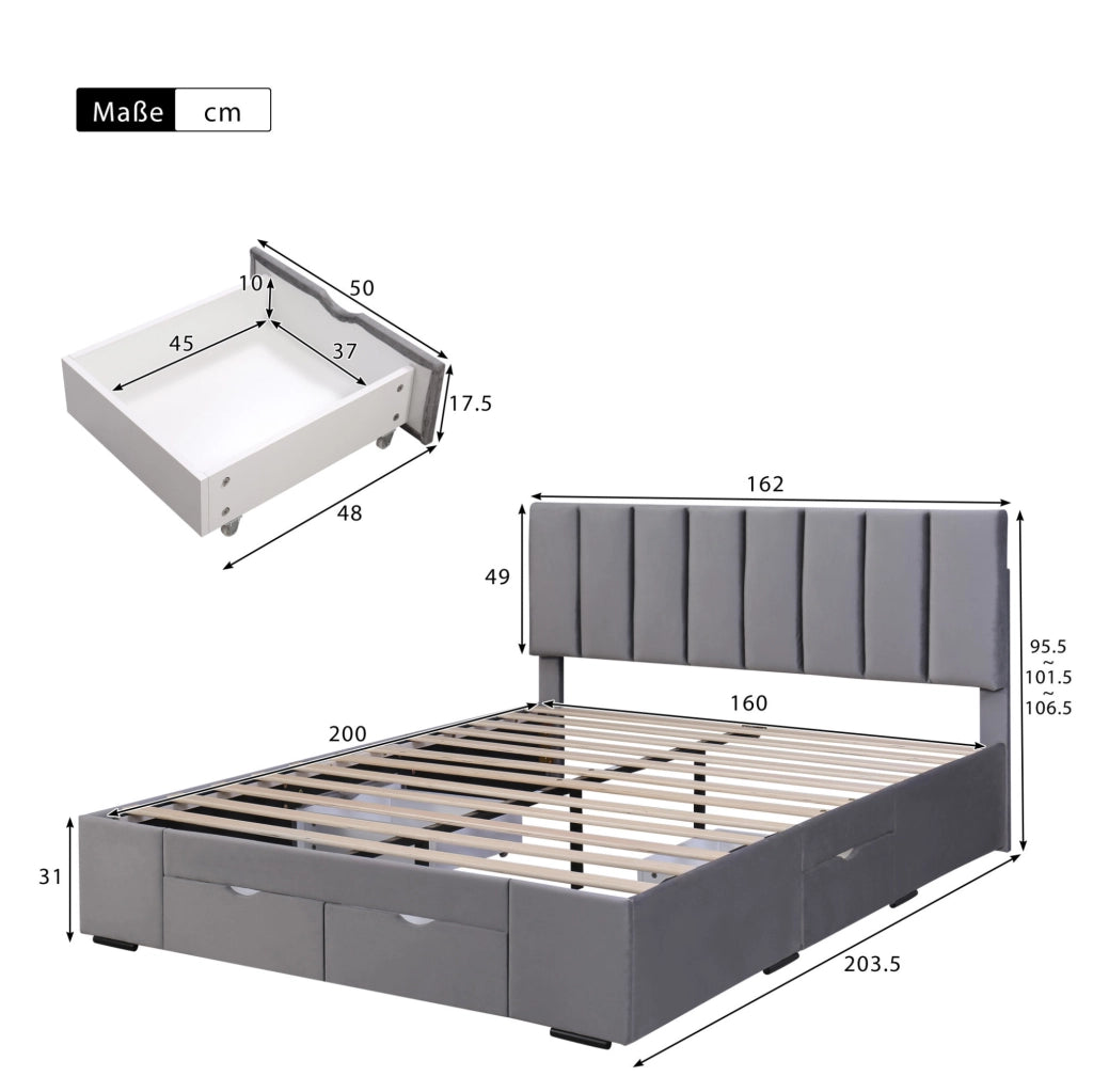 Letto imbottito 160x200 cm; testiera regolabile e 4 cassetti; velluto grigio (Senza materasso)