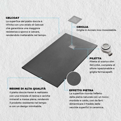 Piatto doccia 70x90 Karen in resina ardesia effetto pietra antracite