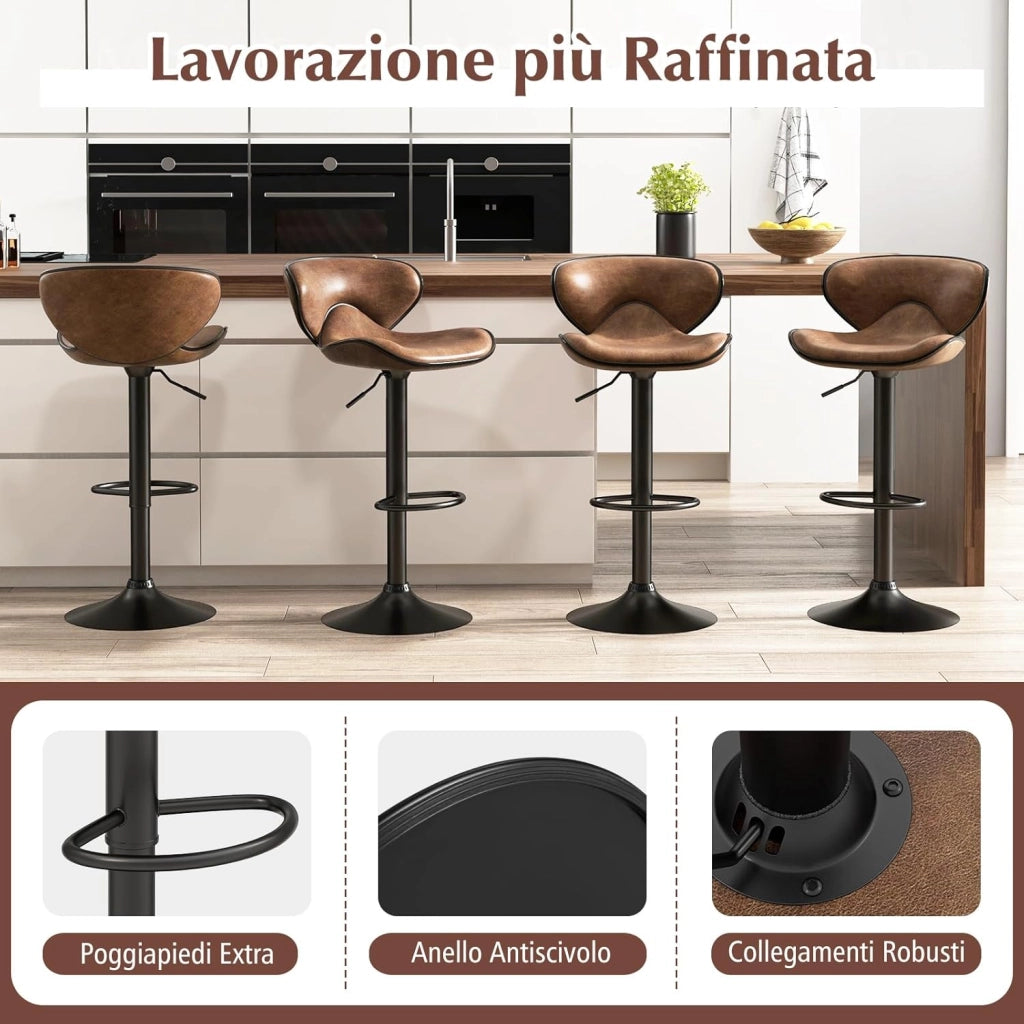 Set di 2 Sgabelli da Bar con Altezza Regolabile, Sgabello da Cucina Imbottito e Girevole a 360° con Schienale, Poggiapiedi e Base Metallica, Sgabelli in Pelle Stampato da Casa (Marrone)