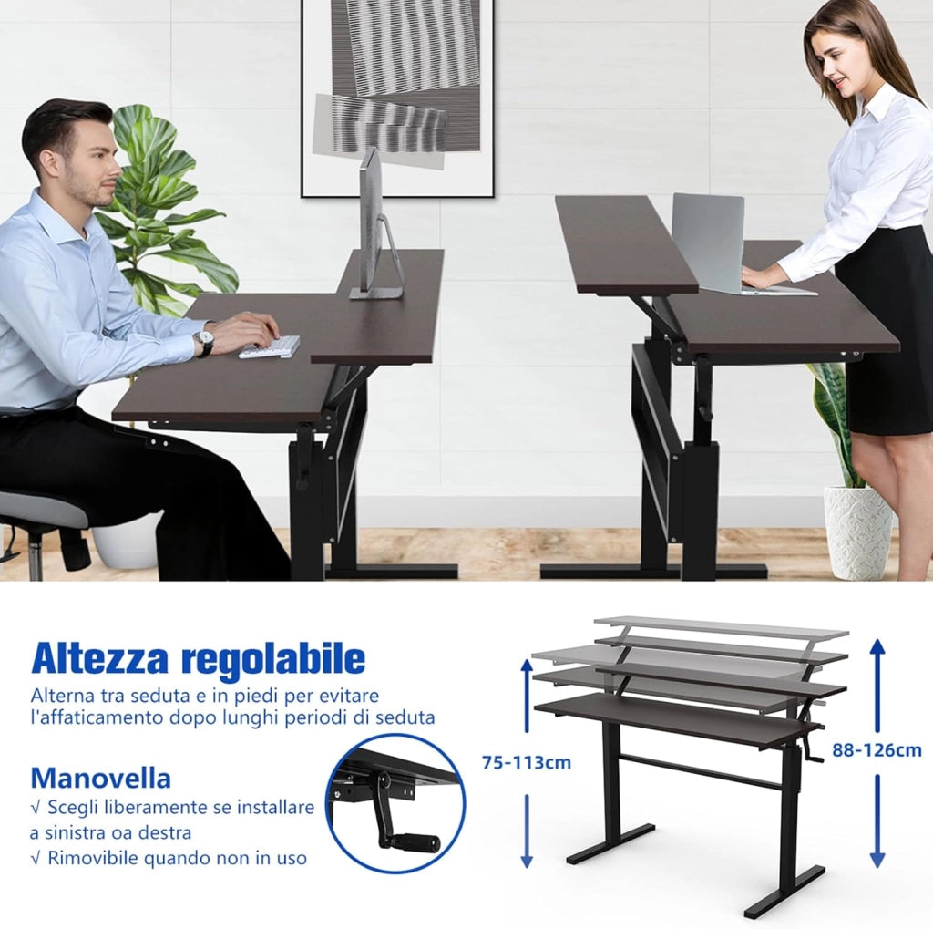 Scrivania Regolabile in Altezza, Scrivania per Computer Laptop, con Manovella, Scrivania Moderna in Acciaio e Legno, con 2 Ripiani (Marrone)