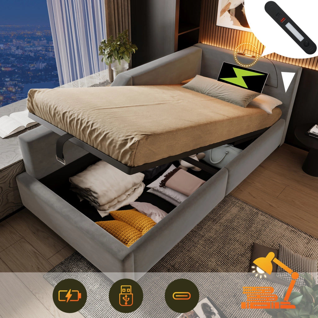 Letto a Divanetto 90x190 cm - Contenitore; USB; Type-C e Lampada da Lettura - Grigio