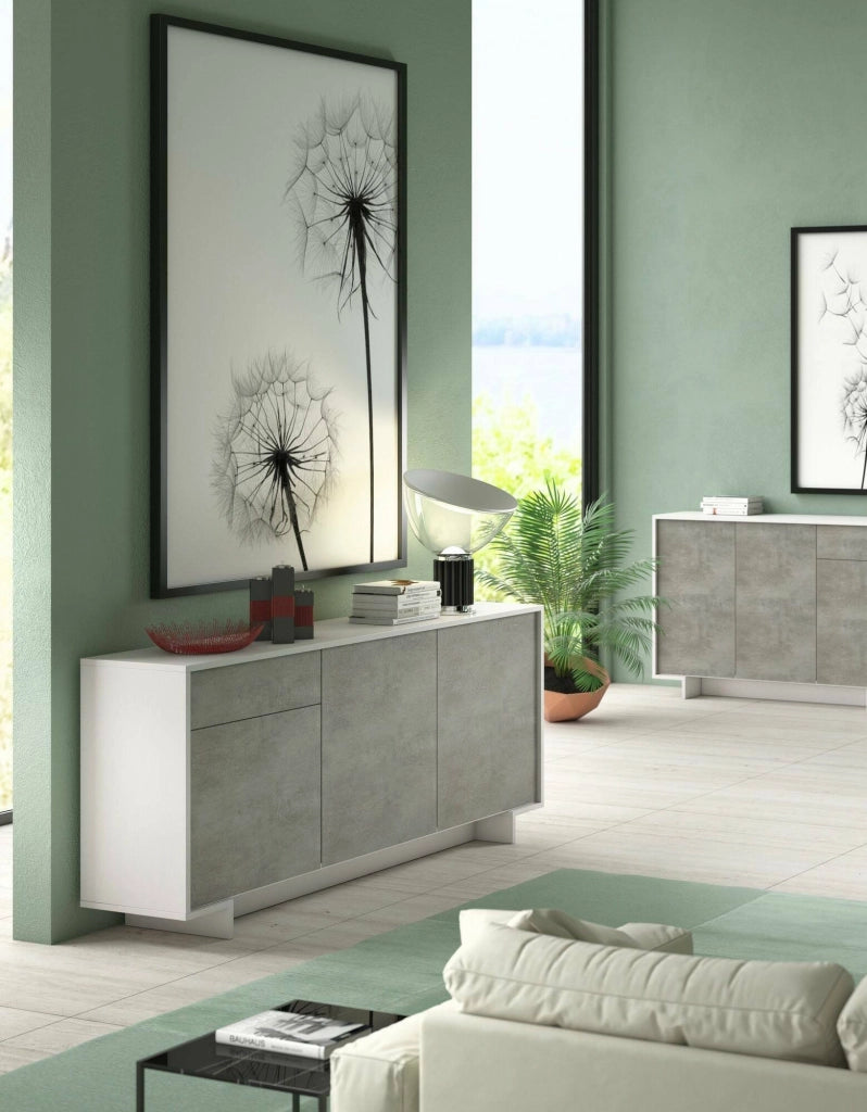 Credenza Aronne, Madia da salotto, Buffet da soggiorno a 3 ante e 1 cassetto, 100% Made in Italy, 170x42h78 cm, Bianco e Cemento