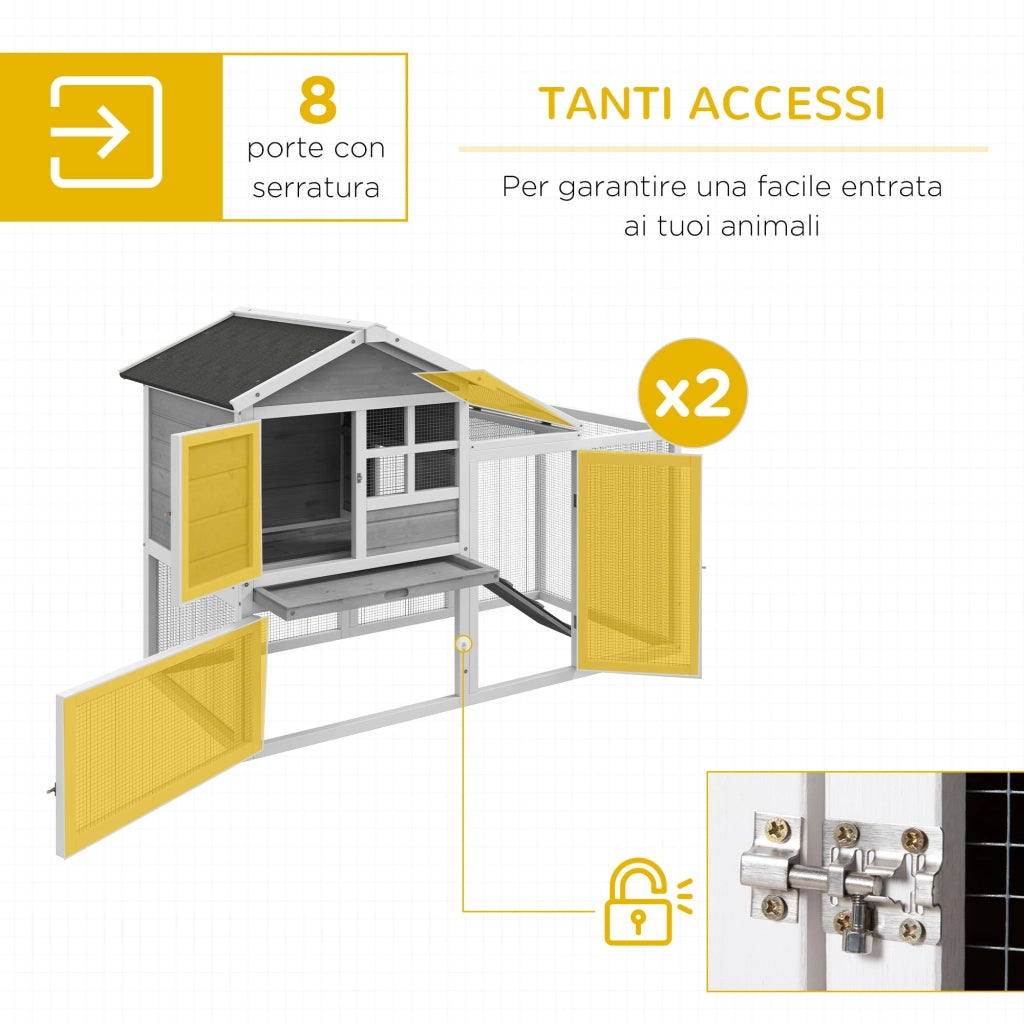 Gabbia per Conigli Conigliera 259x64x92 cm 2 Casette con Rampe Recintata in Legno Grigia