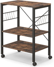 Carrello da Cucina con Rotelle, Carrello a 3 Livelli con Ripiani Regolabili e 10 Ganci a S, Carrello di Servizio in Legno e Metallo, Carrello Multiuso per Ufficio Cucina (Industria)