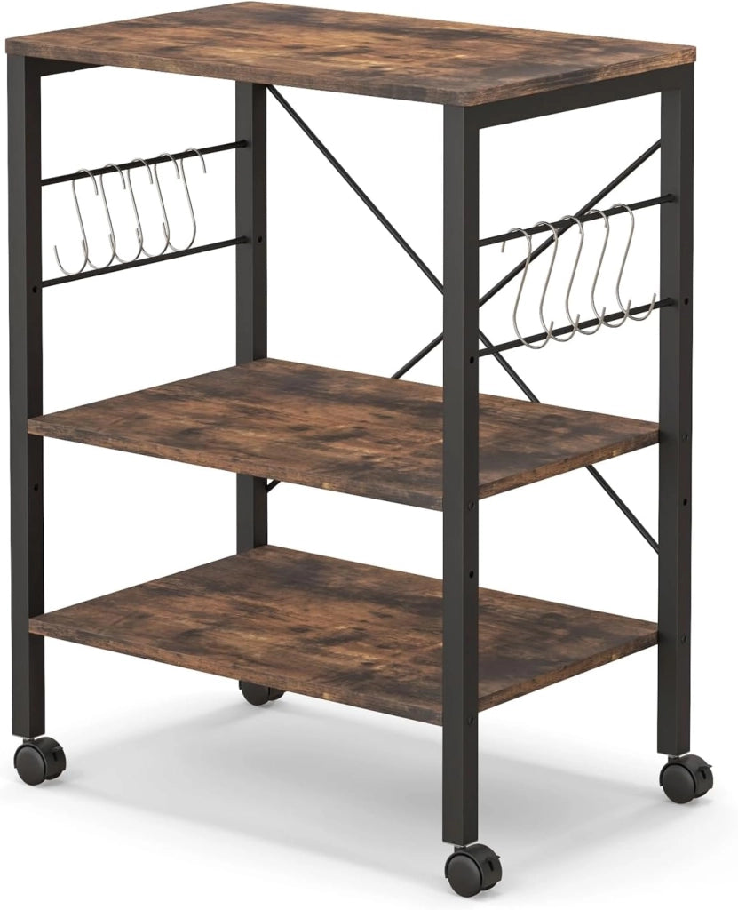 Carrello da Cucina con Rotelle, Carrello a 3 Livelli con Ripiani Regolabili e 10 Ganci a S, Carrello di Servizio in Legno e Metallo, Carrello Multiuso per Ufficio Cucina (Industria)