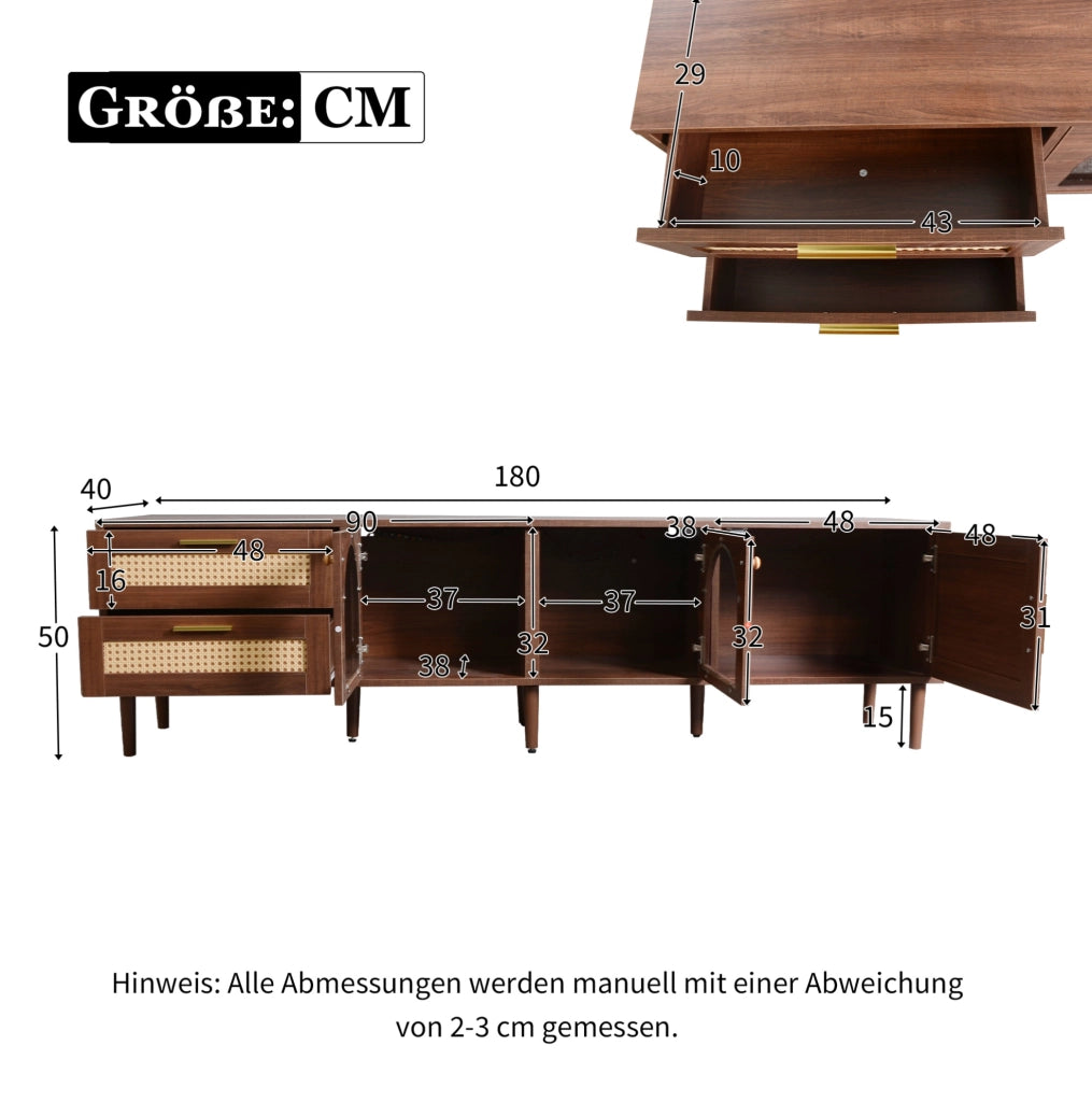 Mobile TV marrone 180 cm con LED, ante in vetro e rattan