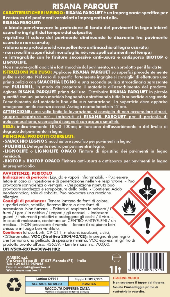 Impregnante rigenerante per pavimenti in legno interni rinnova e protegge RISANA PARQUET 1LT