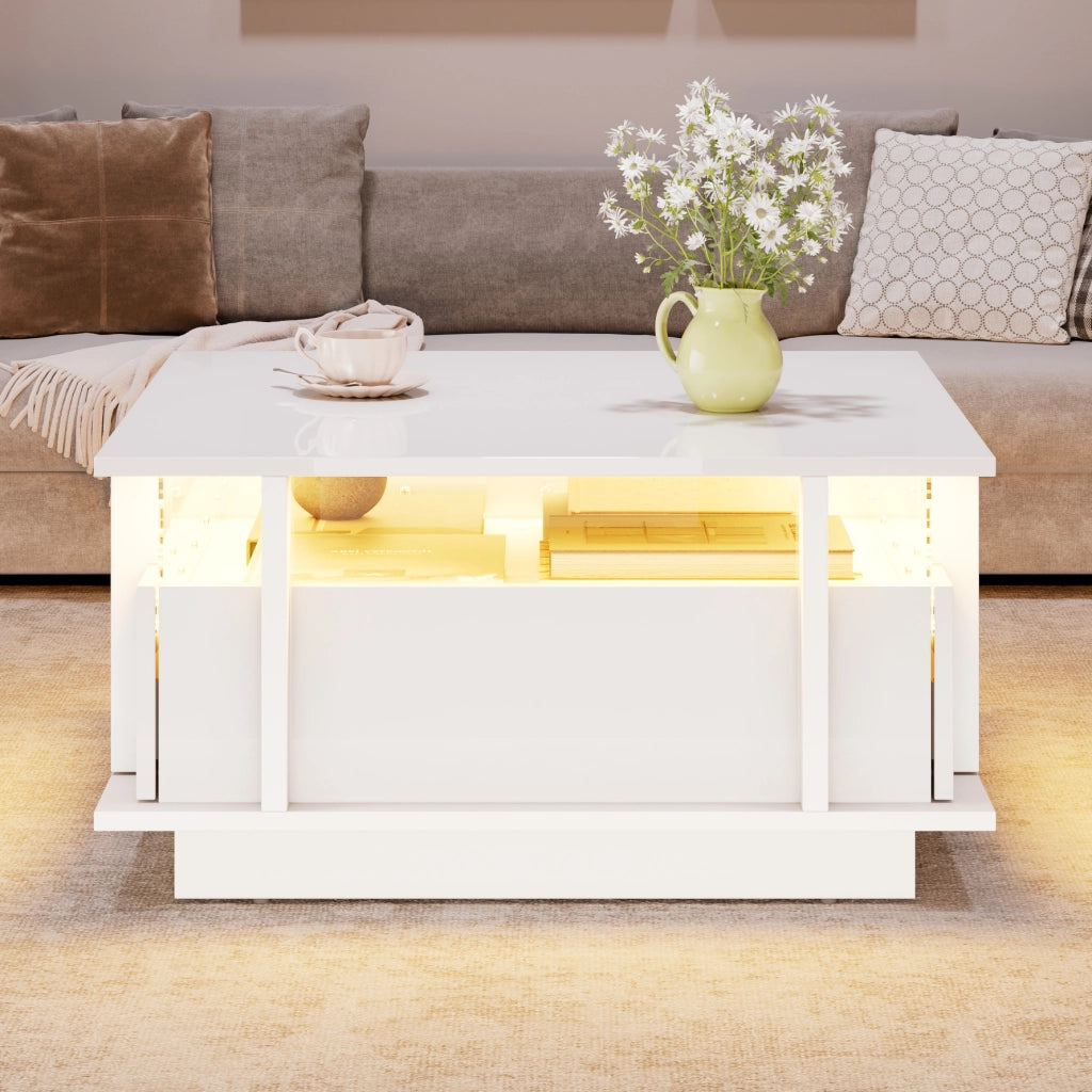 Tavolino da caffè con 2 cassetti e LED - per soggiorno - in truciolare - 70×70×35 cm - bianco