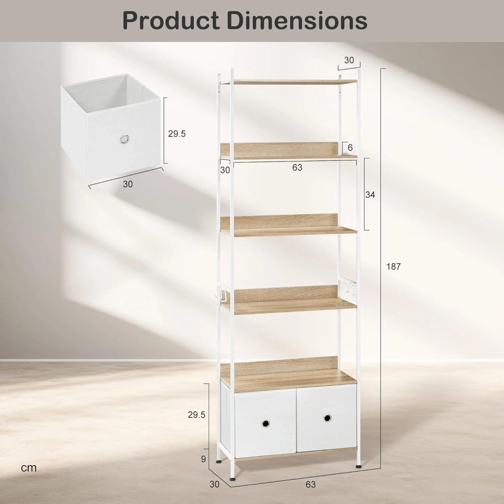 Libreria a 5 Piani con 2 Cassetti, Scaffale di Stoccaggio a Pavimento, Moderno, Struttura in Acciaio, Soggiorno/Ufficio/Studio/Cucina/Camera da Letto, Rovere Chiaro+Bianco, RGB62whe