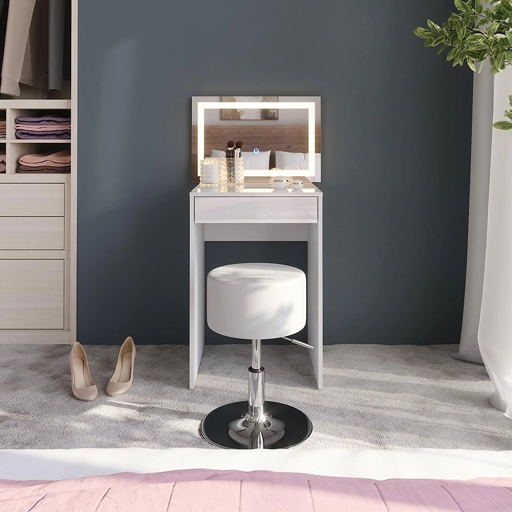 Tavolo da toeletta Sherry, Bianco/bianco lucido, 51.4 cm con specchio LED e sgabello