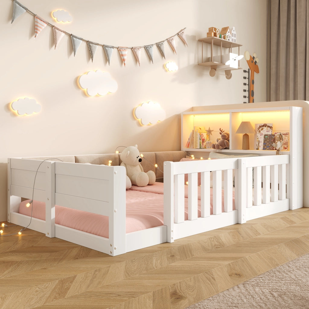 Letto per Bambini 90x200 cm; con Mensole; LED e Sponde in Truciolato; Bianco