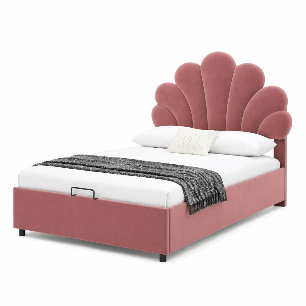 Letto imbottito 90 x 200 cm in velluto rosa con testiera floreale e contenitore idraulico