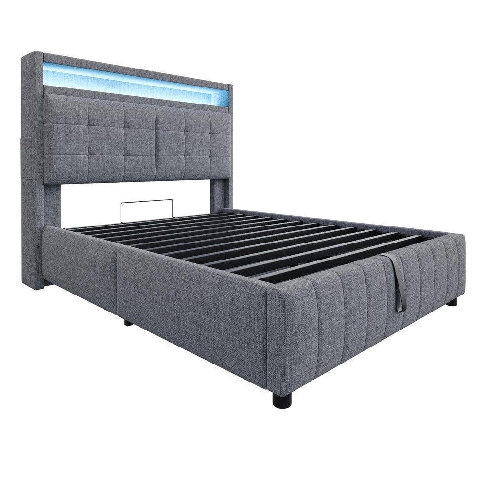 Letto Contenitore Imbottito 140x200 con LED ¨C MINIMAL ¨C Grigio, Tessuto Lino, Rete a Doghe, USB, Idraulico