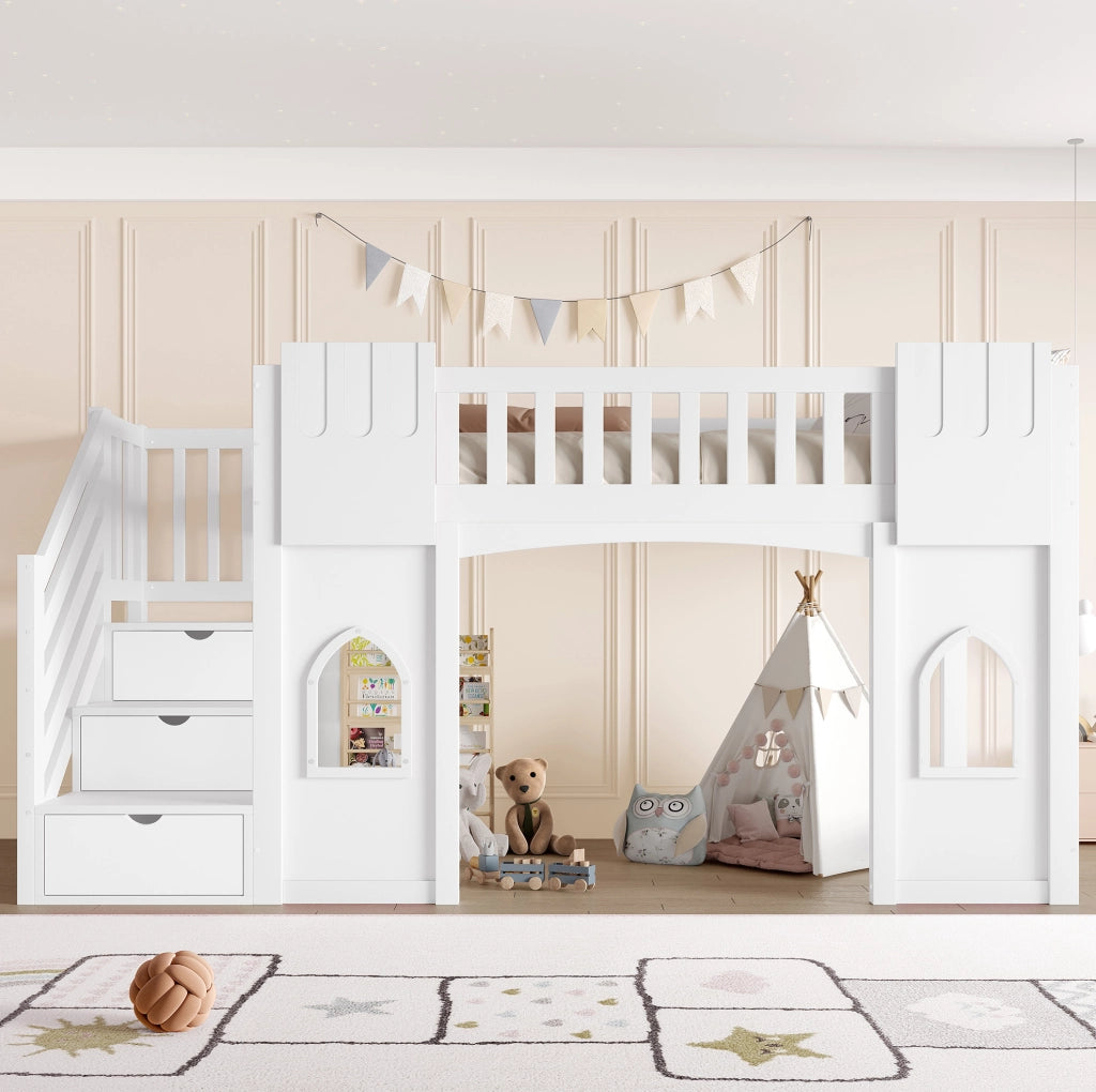 Letto a soppalco 90x200 cm con scala contenitore e finestre in MDF; pino e compensato bianco