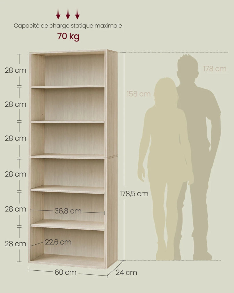 Libreria/mobile contenitore a 6 ripiani per soggiorno ufficio camera da letto stile scandinavo 40 x 24 x 1785 cm beige 12_0004253
