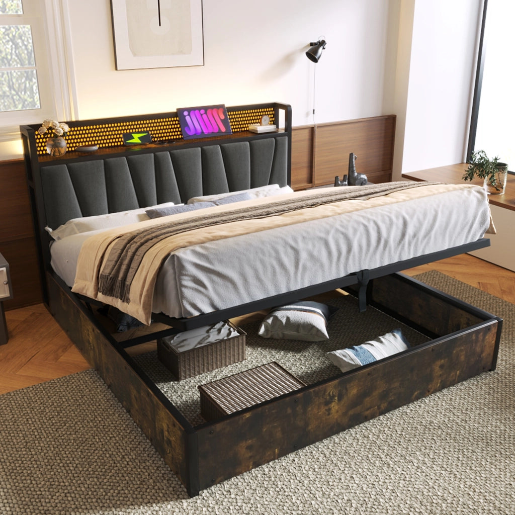 OKWISH Letto Contenitore 160 x 200 cm, Letto Matrimoniale con LED, USB e Prese, Materasso Incluso, Testiera con Mensola, Grigio